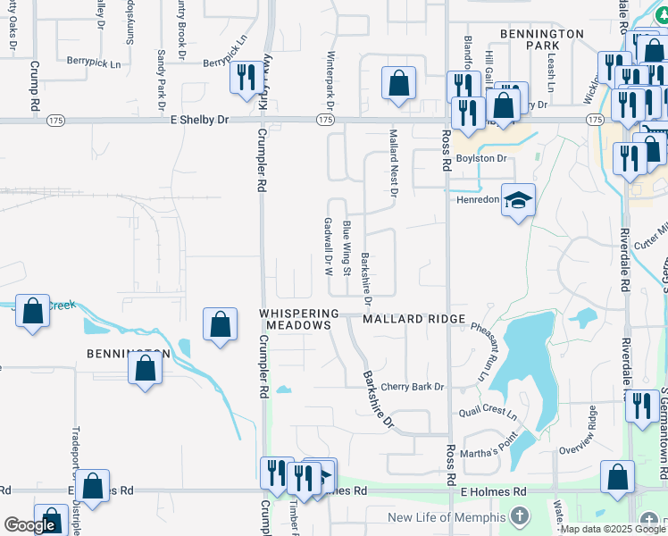map of restaurants, bars, coffee shops, grocery stores, and more near 4904 Gadwall Drive North in Memphis