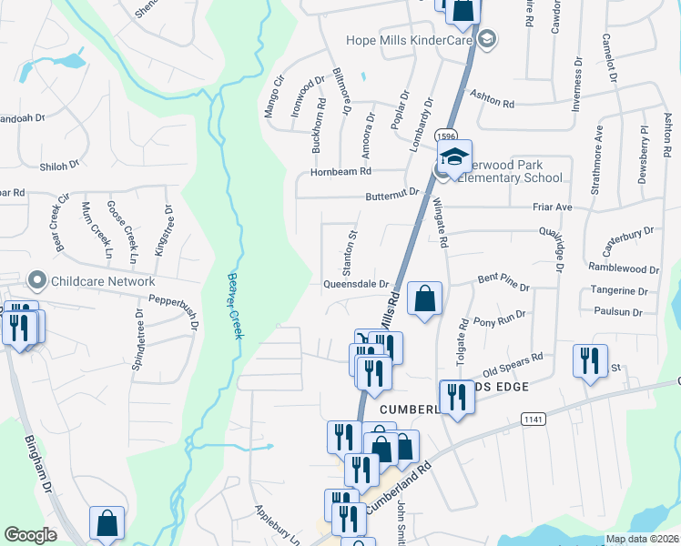 map of restaurants, bars, coffee shops, grocery stores, and more near 2260 Stanton Street in Fayetteville