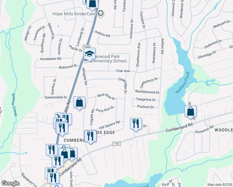 map of restaurants, bars, coffee shops, grocery stores, and more near 4709 Bluejay Court in Fayetteville