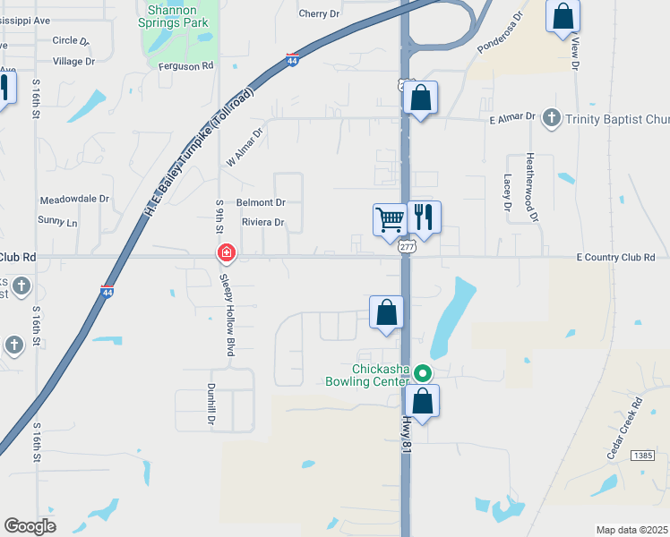 map of restaurants, bars, coffee shops, grocery stores, and more near 523 West Country Club Road in Chickasha