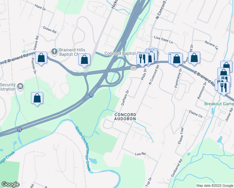 map of restaurants, bars, coffee shops, grocery stores, and more near 1300 Phyllis Lane in Chattanooga