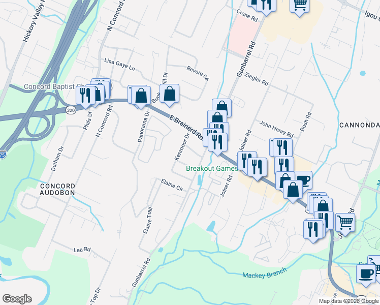 map of restaurants, bars, coffee shops, grocery stores, and more near 7316 Kenmoor Terrace in Chattanooga