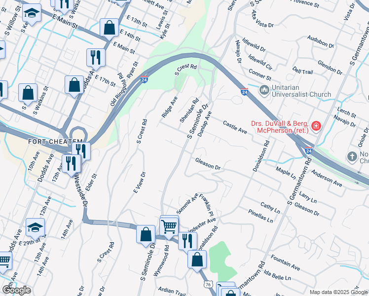 map of restaurants, bars, coffee shops, grocery stores, and more near 614B South Seminole Drive in East Ridge