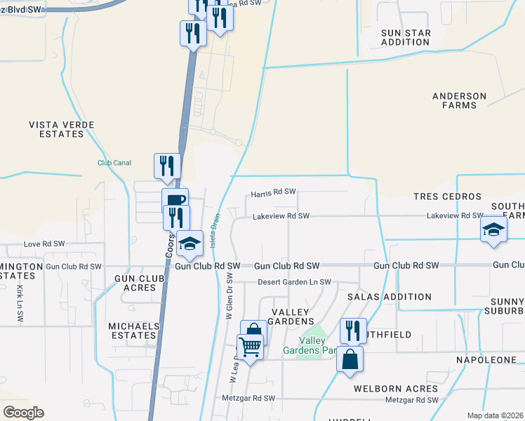 map of restaurants, bars, coffee shops, grocery stores, and more near 2547 Lakeview Road Southwest in Albuquerque