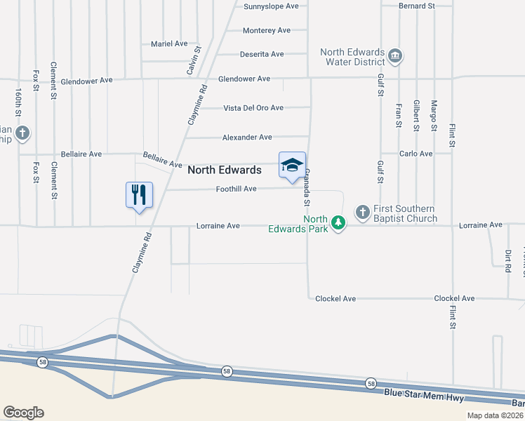 map of restaurants, bars, coffee shops, grocery stores, and more near 16762 Foothill Avenue in North Edwards