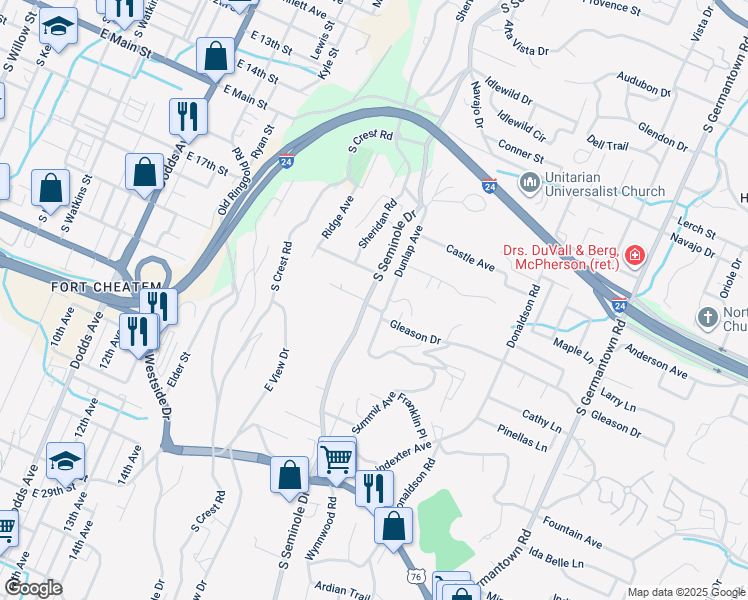 map of restaurants, bars, coffee shops, grocery stores, and more near 614B South Seminole Drive in East Ridge