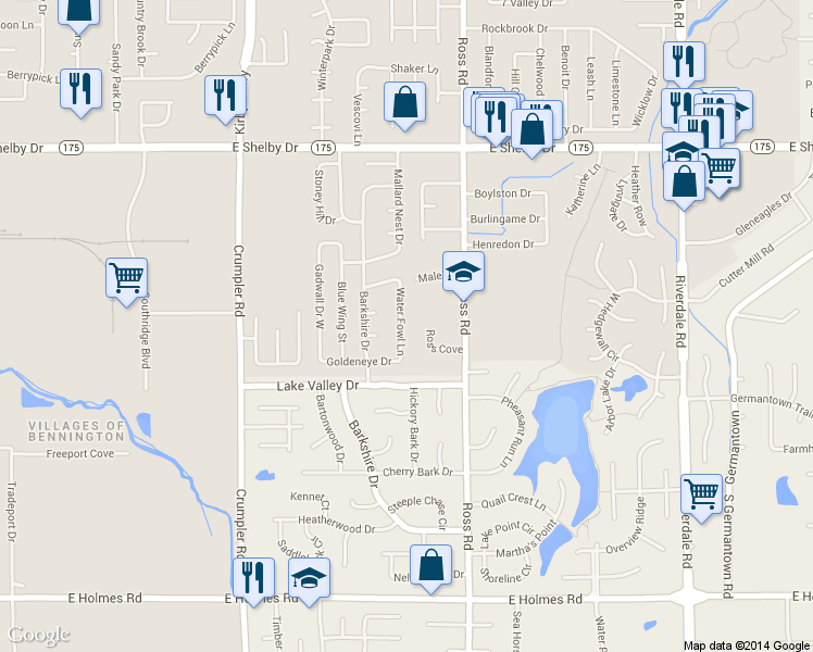 map of restaurants, bars, coffee shops, grocery stores, and more near 4905 Water Fowl Lane in Memphis