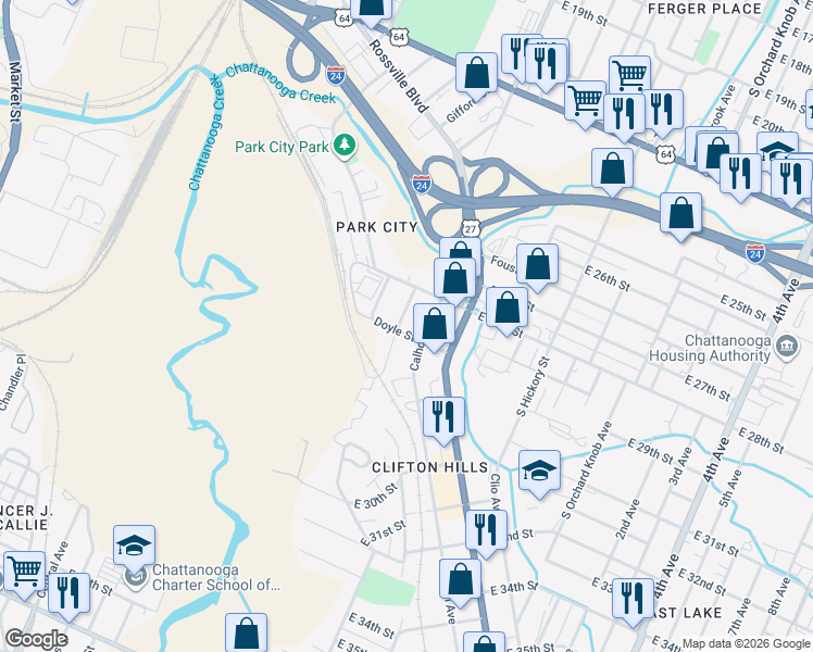 map of restaurants, bars, coffee shops, grocery stores, and more near 2816 Morgan Avenue in Chattanooga