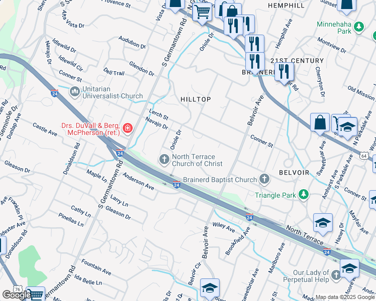 map of restaurants, bars, coffee shops, grocery stores, and more near 300-399 Hilltop Drive in Chattanooga
