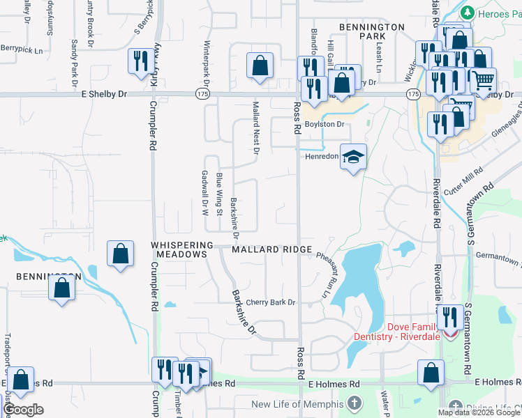 map of restaurants, bars, coffee shops, grocery stores, and more near 4905 Water Fowl Lane in Memphis