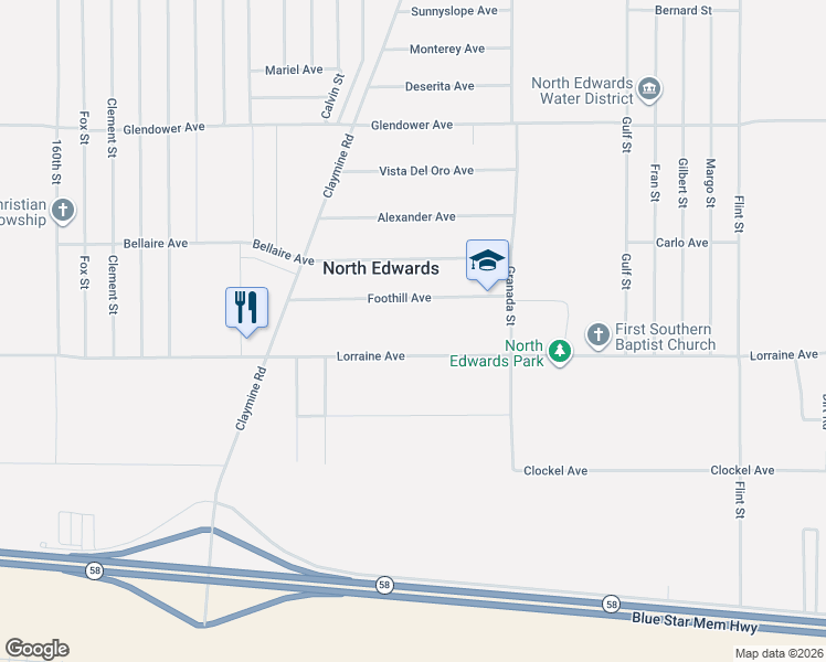 map of restaurants, bars, coffee shops, grocery stores, and more near 16762 Foothill Ave in North Edwards