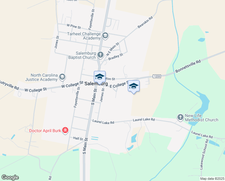 map of restaurants, bars, coffee shops, grocery stores, and more near 100 Methodist Drive in Salemburg