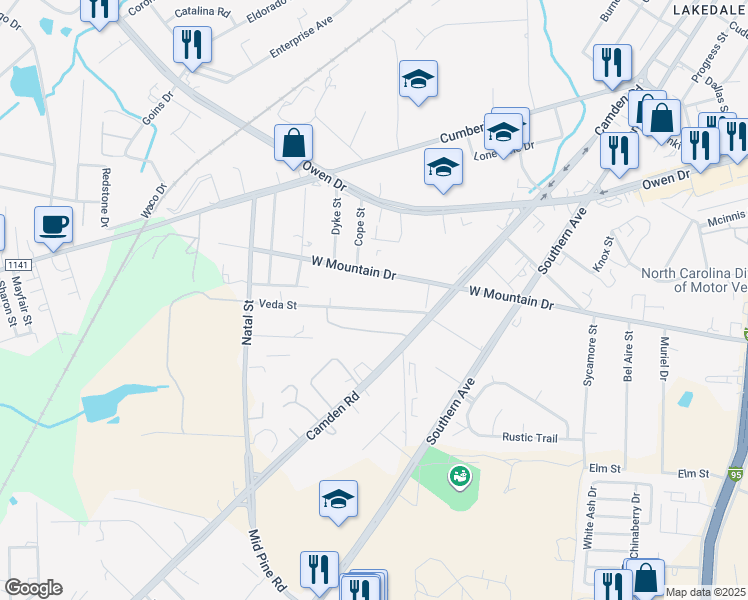 map of restaurants, bars, coffee shops, grocery stores, and more near 712 Veda Street in Fayetteville