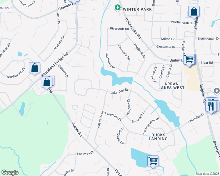 map of restaurants, bars, coffee shops, grocery stores, and more near 2095 Baywater Drive in Fayetteville