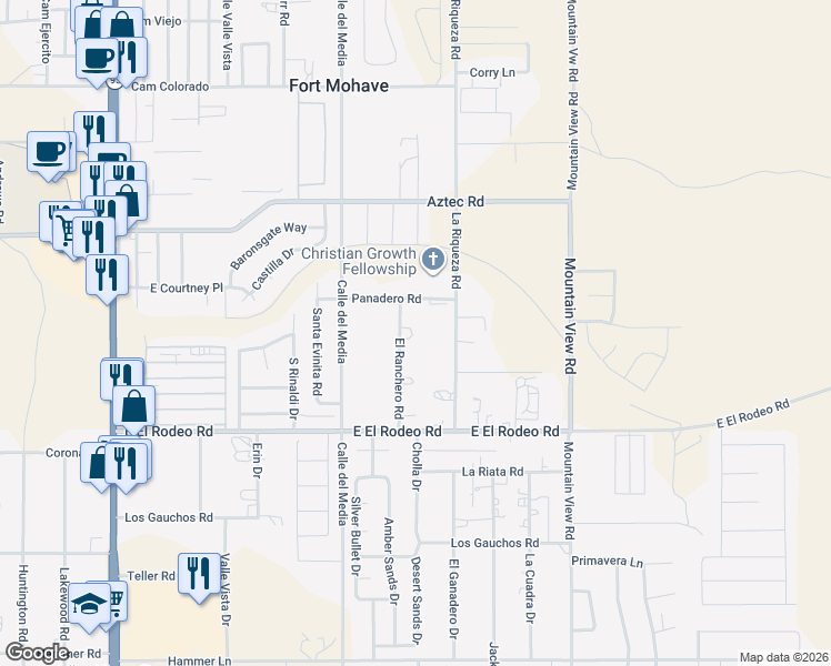 map of restaurants, bars, coffee shops, grocery stores, and more near 4884 El Ranchero Road in Bullhead City