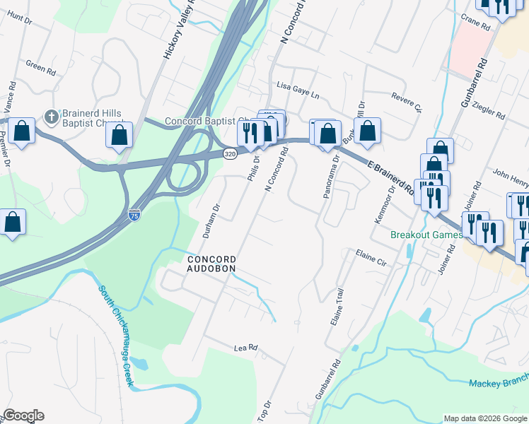map of restaurants, bars, coffee shops, grocery stores, and more near 1334 North Concord Road in Chattanooga