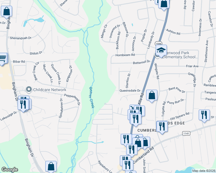 map of restaurants, bars, coffee shops, grocery stores, and more near 5198 Queensdale Drive in Fayetteville