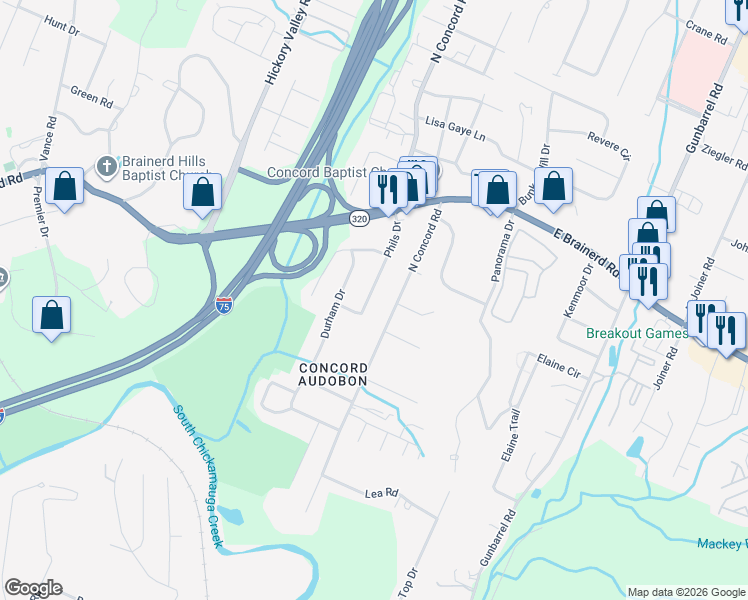 map of restaurants, bars, coffee shops, grocery stores, and more near 1310 Phils Drive in Chattanooga