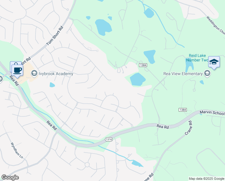 map of restaurants, bars, coffee shops, grocery stores, and more near 8600 Riverdale Court in Waxhaw