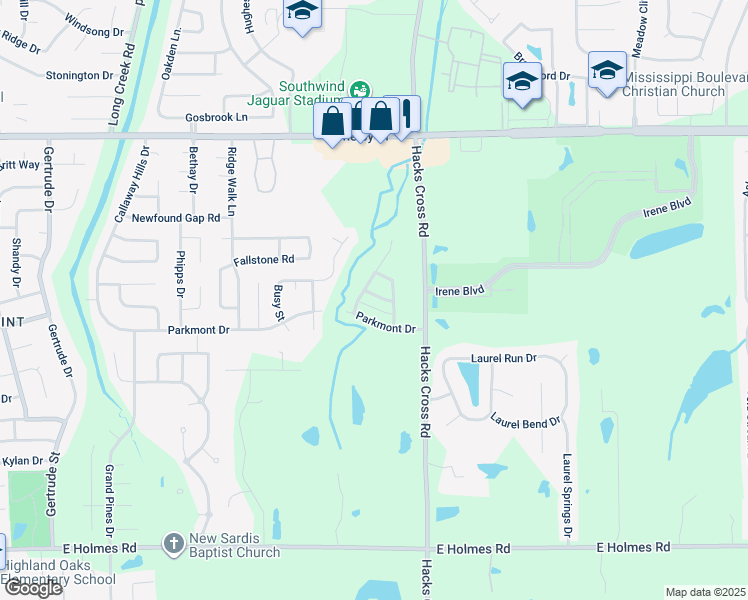 map of restaurants, bars, coffee shops, grocery stores, and more near 7957 River Mist Drive in Memphis