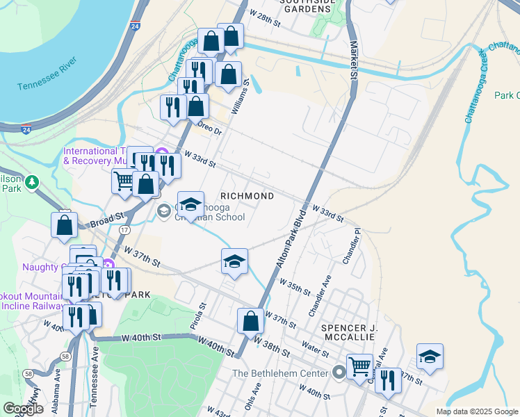 map of restaurants, bars, coffee shops, grocery stores, and more near 3316 Delong Street in Chattanooga