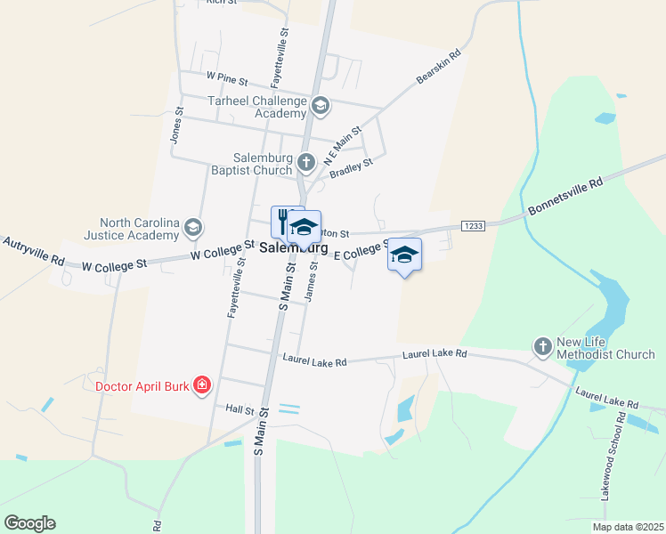 map of restaurants, bars, coffee shops, grocery stores, and more near 100 Methodist Dr in Salemburg