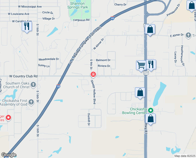 map of restaurants, bars, coffee shops, grocery stores, and more near 801 West Country Club Road in Chickasha