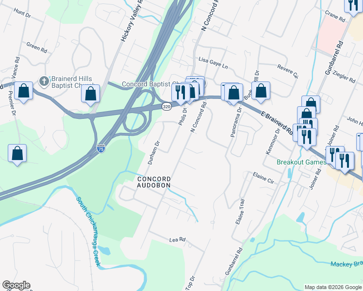 map of restaurants, bars, coffee shops, grocery stores, and more near 1310 Phils Drive in Chattanooga