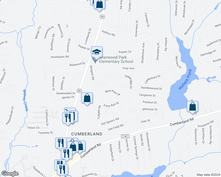 map of restaurants, bars, coffee shops, grocery stores, and more near 4726 Bent Pine Drive in Fayetteville