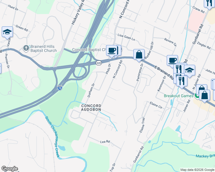 map of restaurants, bars, coffee shops, grocery stores, and more near 1310 Phils Drive in Chattanooga