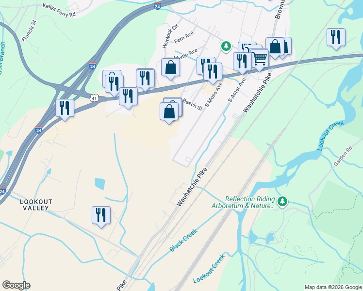 map of restaurants, bars, coffee shops, grocery stores, and more near 243 South Moss Avenue in Chattanooga