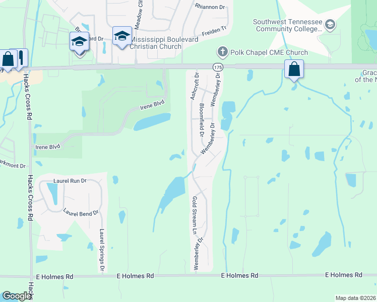 map of restaurants, bars, coffee shops, grocery stores, and more near 4899 Ashcroft Drive in Memphis