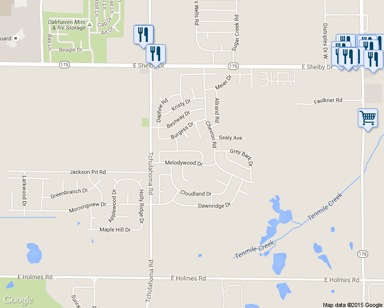 map of restaurants, bars, coffee shops, grocery stores, and more near 3405 Spring Shadow Drive in Memphis
