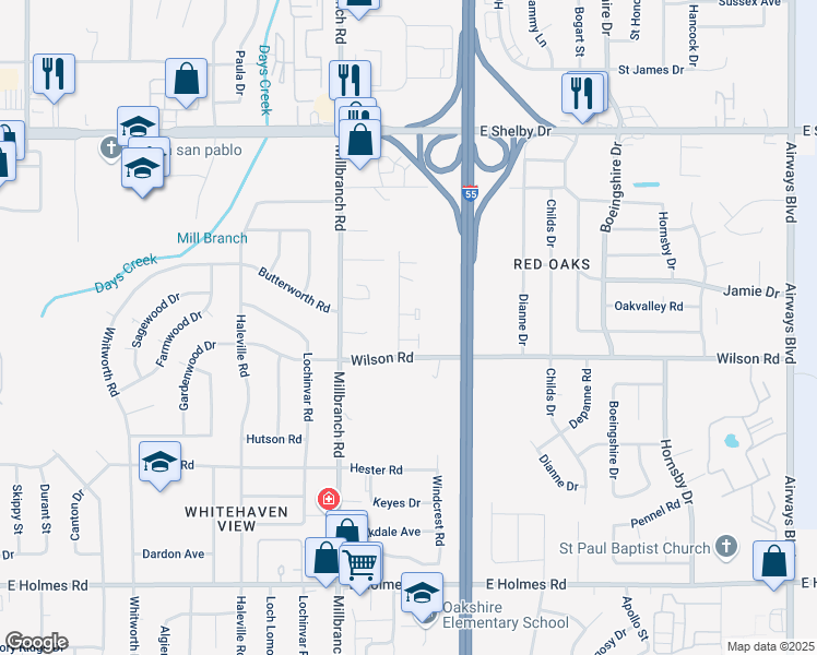 map of restaurants, bars, coffee shops, grocery stores, and more near 1780 1st Green Drive in Memphis