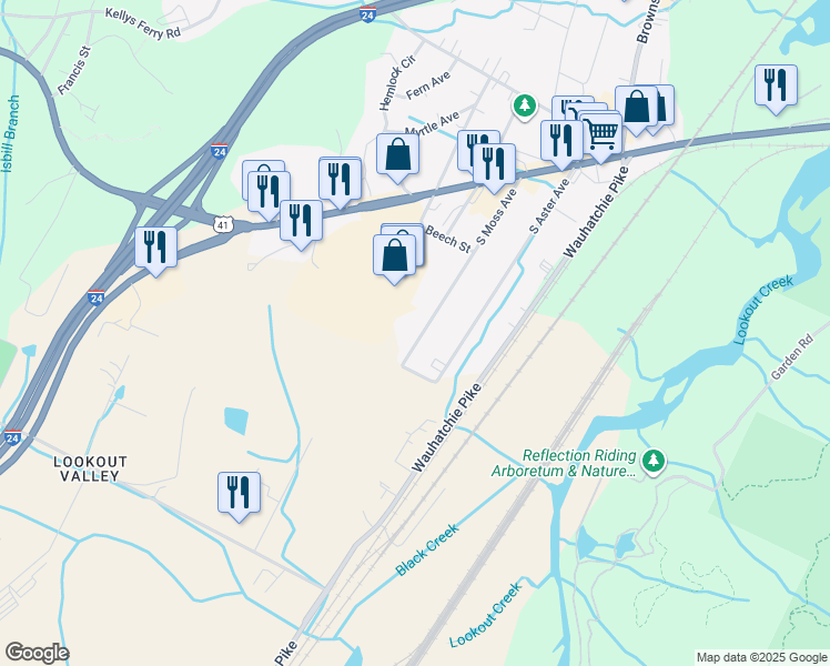 map of restaurants, bars, coffee shops, grocery stores, and more near 243 South Moss Avenue in Chattanooga