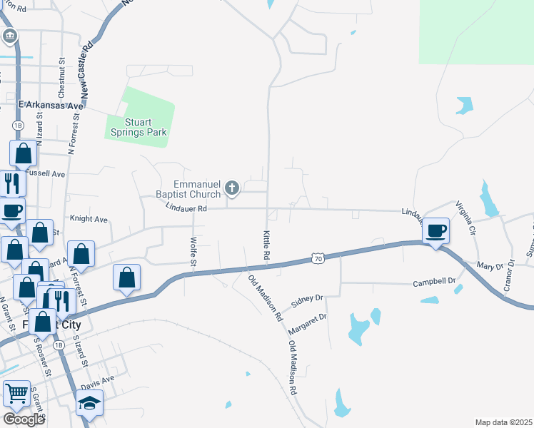 map of restaurants, bars, coffee shops, grocery stores, and more near 215 Kittle Road in Forrest City