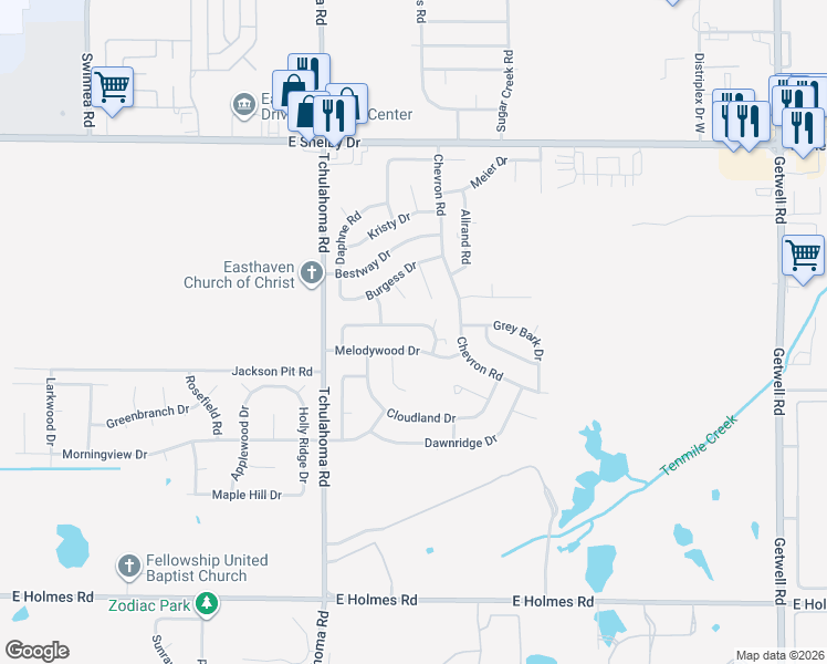 map of restaurants, bars, coffee shops, grocery stores, and more near 3405 Spring Shadow Drive in Memphis