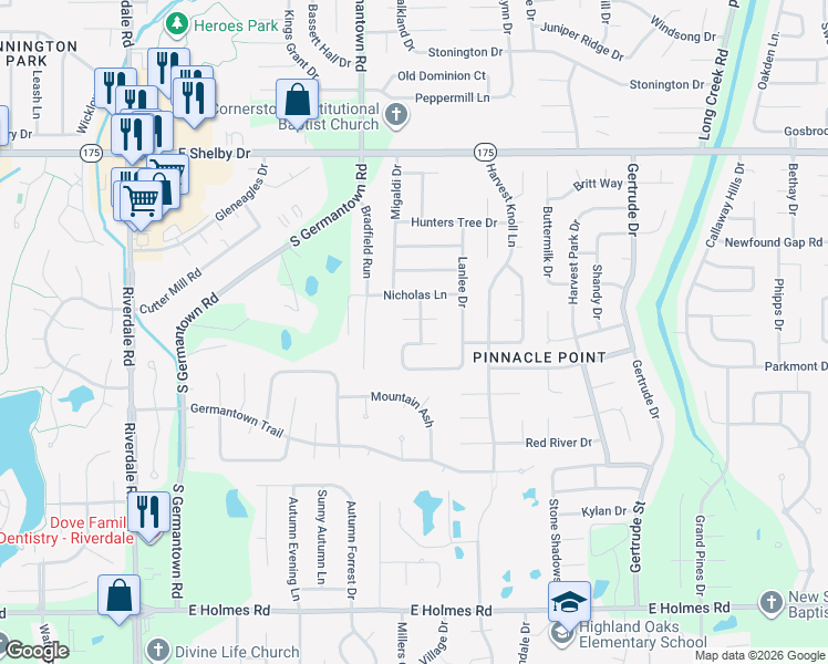 map of restaurants, bars, coffee shops, grocery stores, and more near 4905 Foyle Way in Memphis