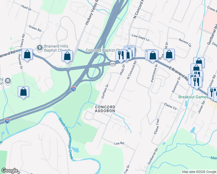 map of restaurants, bars, coffee shops, grocery stores, and more near 1302 Durham Drive in Chattanooga