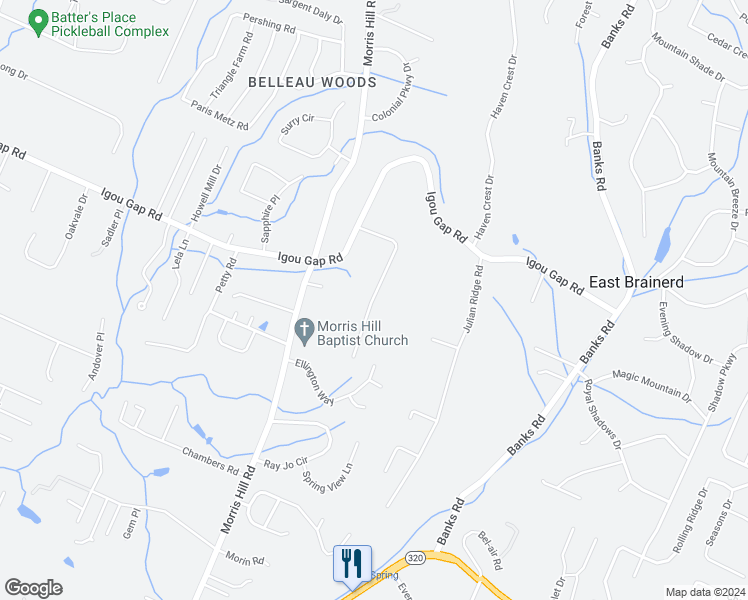 map of restaurants, bars, coffee shops, grocery stores, and more near 1800 Pine Needles Trail in Chattanooga