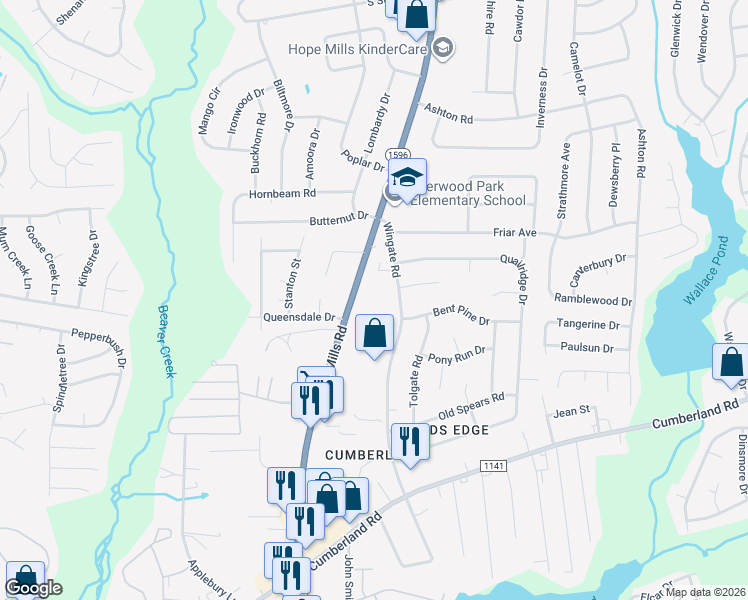 map of restaurants, bars, coffee shops, grocery stores, and more near 2249 Hope Mills Road in Fayetteville