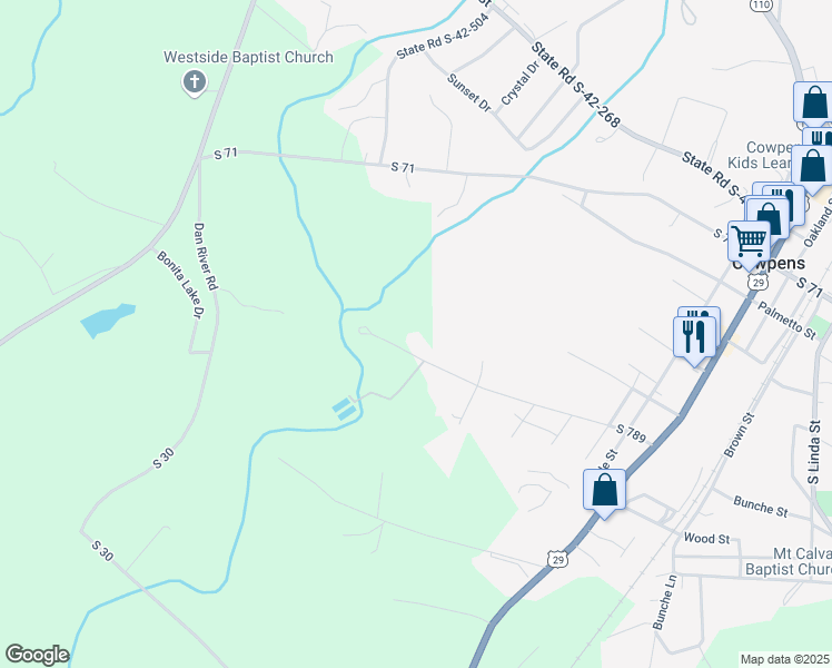 map of restaurants, bars, coffee shops, grocery stores, and more near 216 South 789 in Cowpens