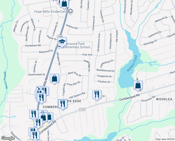 map of restaurants, bars, coffee shops, grocery stores, and more near 2157 Quailridge Drive in Fayetteville