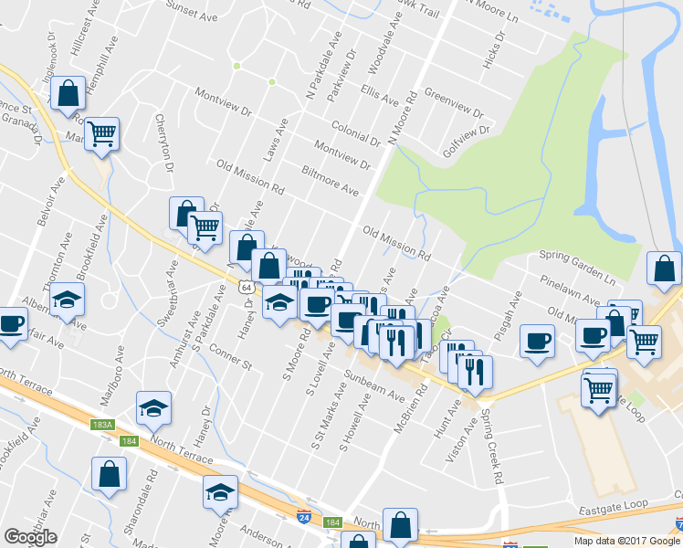 map of restaurants, bars, coffee shops, grocery stores, and more near 100 North Moore Road in Chattanooga