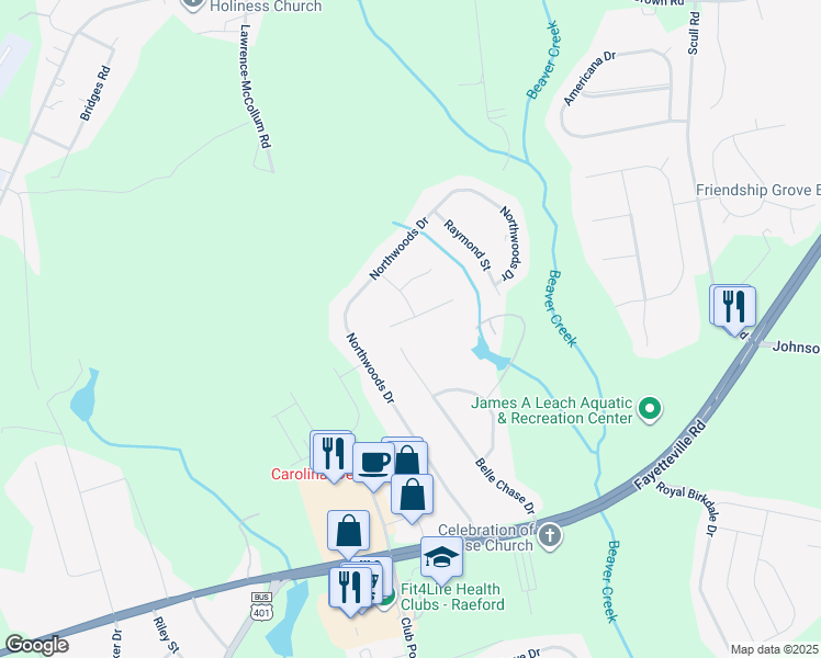 map of restaurants, bars, coffee shops, grocery stores, and more near 117 Dolores Court in Raeford