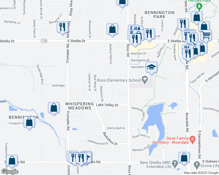 map of restaurants, bars, coffee shops, grocery stores, and more near 4899 Water Fowl Lane in Memphis