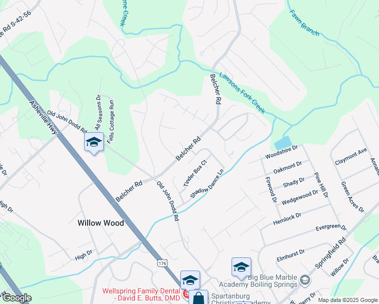 map of restaurants, bars, coffee shops, grocery stores, and more near 312 Belcher Road in Boiling Springs