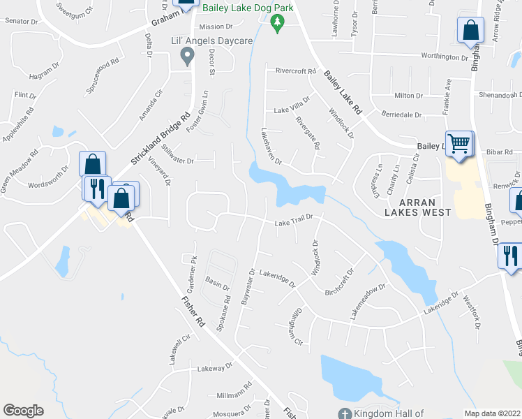 map of restaurants, bars, coffee shops, grocery stores, and more near 2094 Baywater Drive in Fayetteville