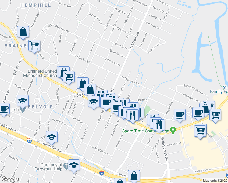 map of restaurants, bars, coffee shops, grocery stores, and more near 100 North Moore Road in Chattanooga