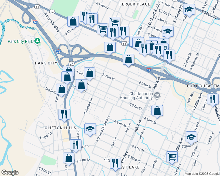 map of restaurants, bars, coffee shops, grocery stores, and more near 1719 East 27th Street in Chattanooga